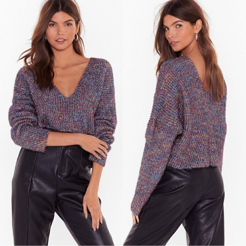 Nasty Gal Tinsel Time Pink Multicolor Sweater Crop V Neck  Size M